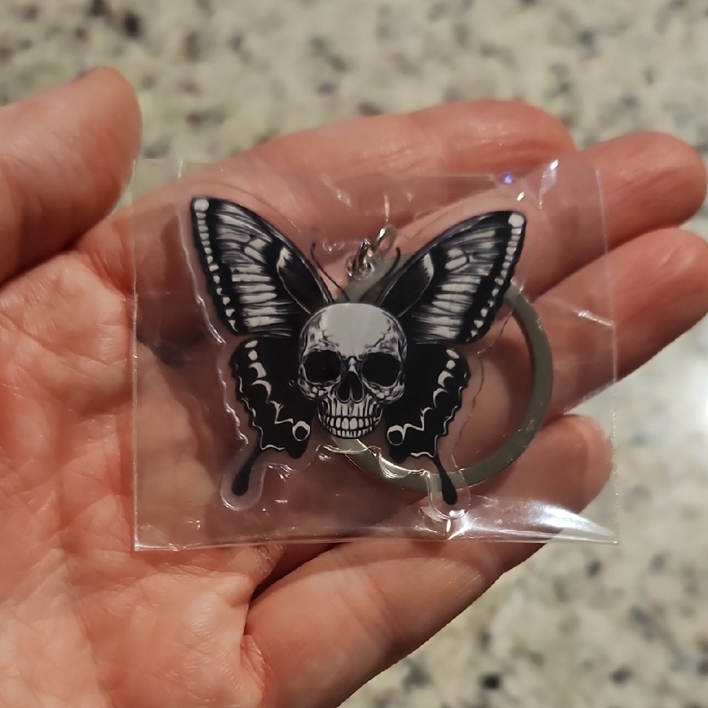 Skull Butterfly Keychain - Black & White Acrylic Charm